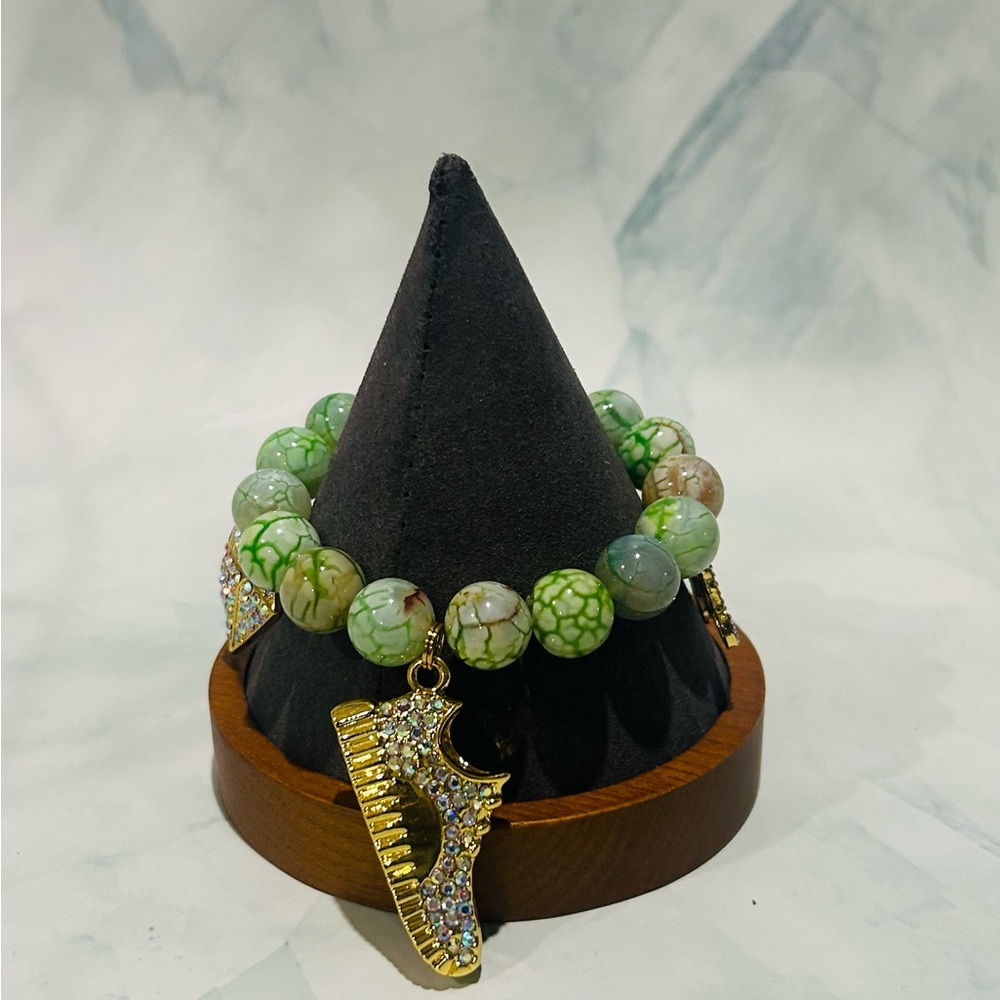 Green Agate Charm Stretch Bracelet Stack With Gol… - image 2